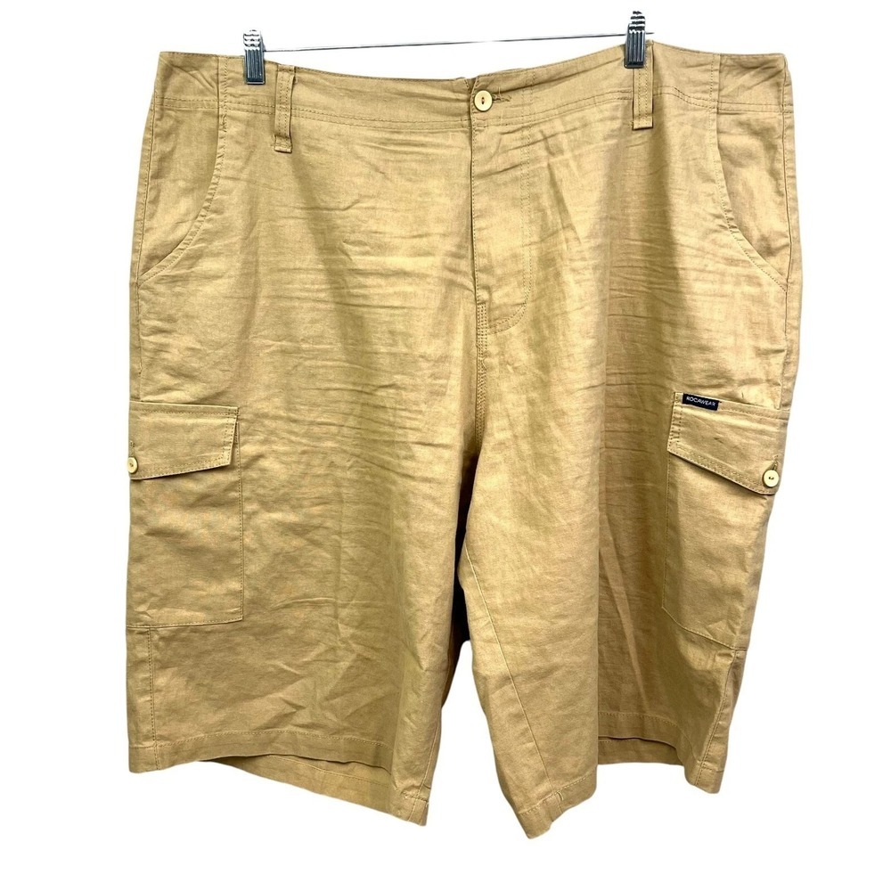 Rocawear Mens Linen Blend Cargo Shorts Relaxed Fit Flat Front Zip Tan Size W46*